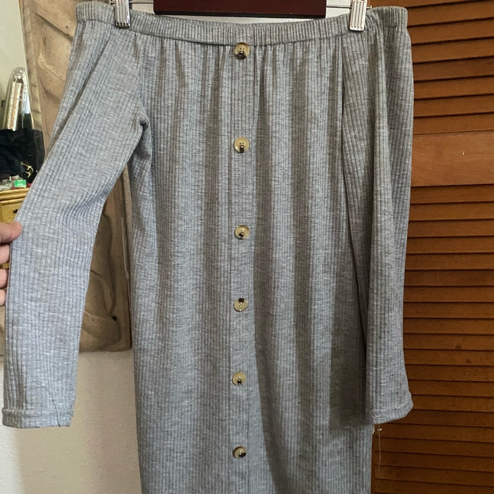 Grey Ribbed Off thé Shoulder Dress